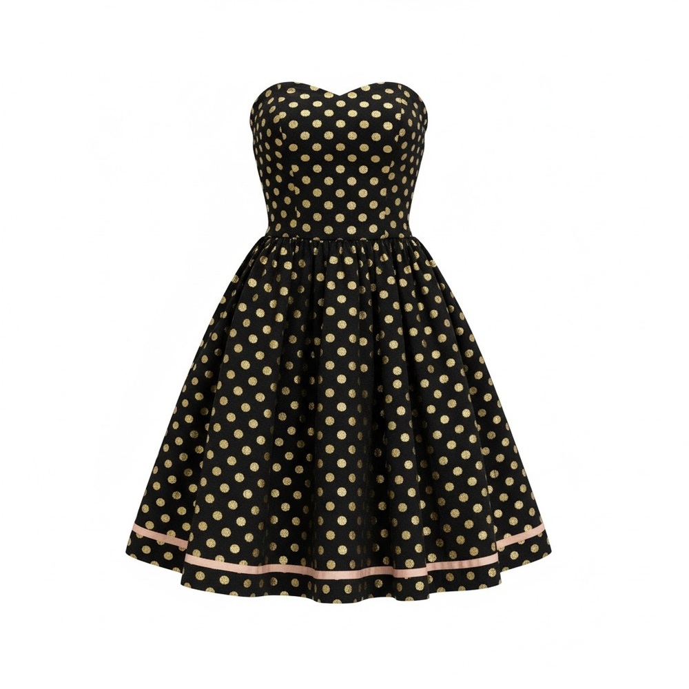 Geode by Mod Cloth Black w/Gold Polka Dots Strapless mini party dress Sz XS